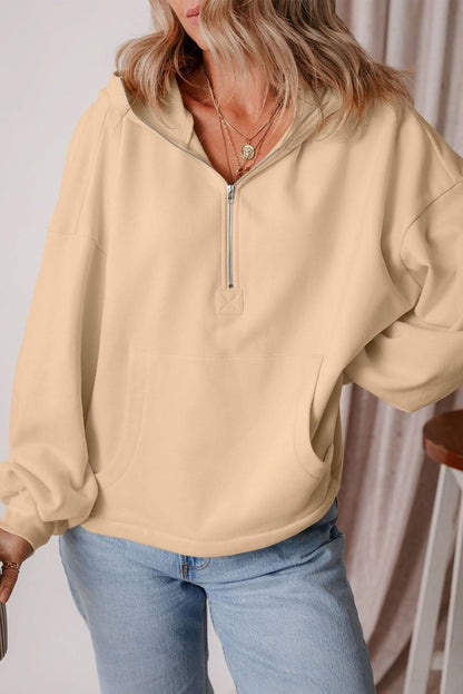 Parchment Fleece Lined Half Zipper Kangaroo Pockets Loose Hoodie - Love Salve 