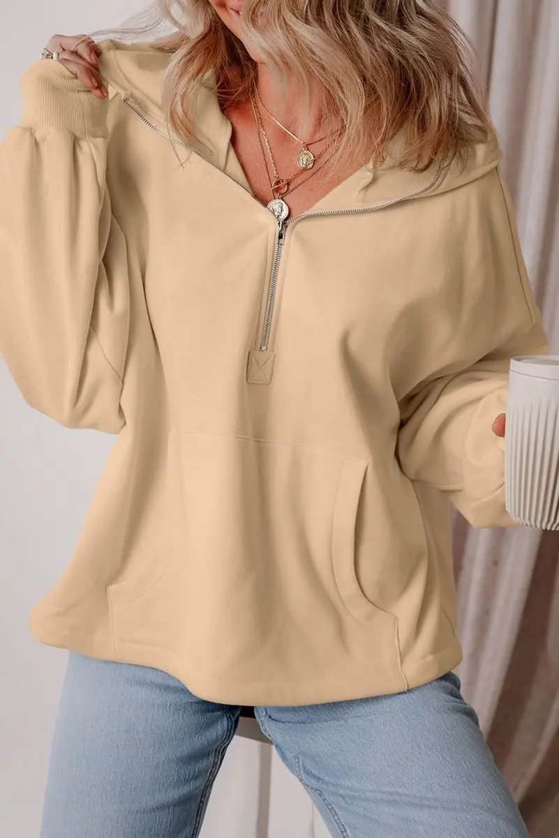 Parchment Fleece Lined Half Zipper Kangaroo Pockets Loose Hoodie - Love Salve 