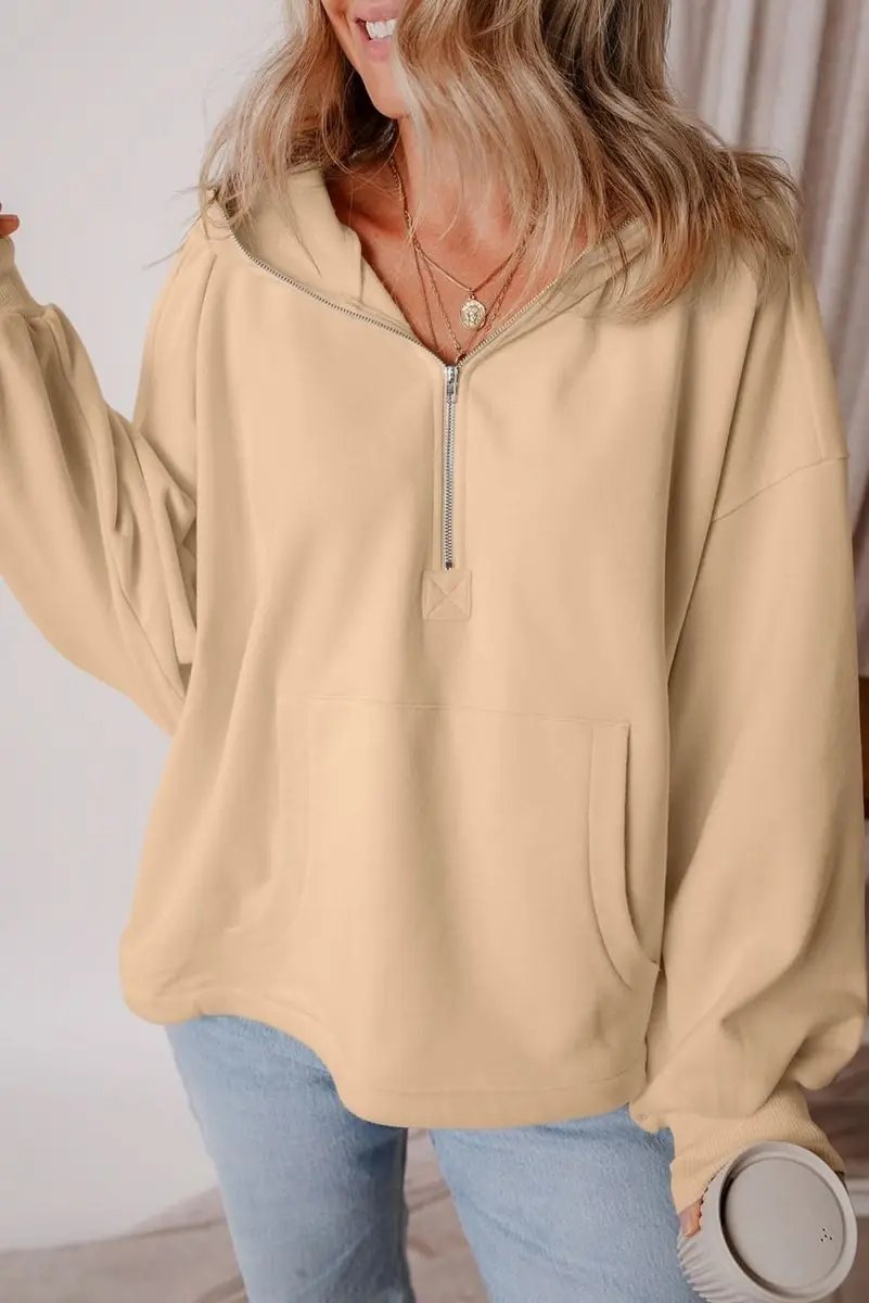 Parchment Fleece Lined Half Zipper Kangaroo Pockets Loose Hoodie - Love Salve 