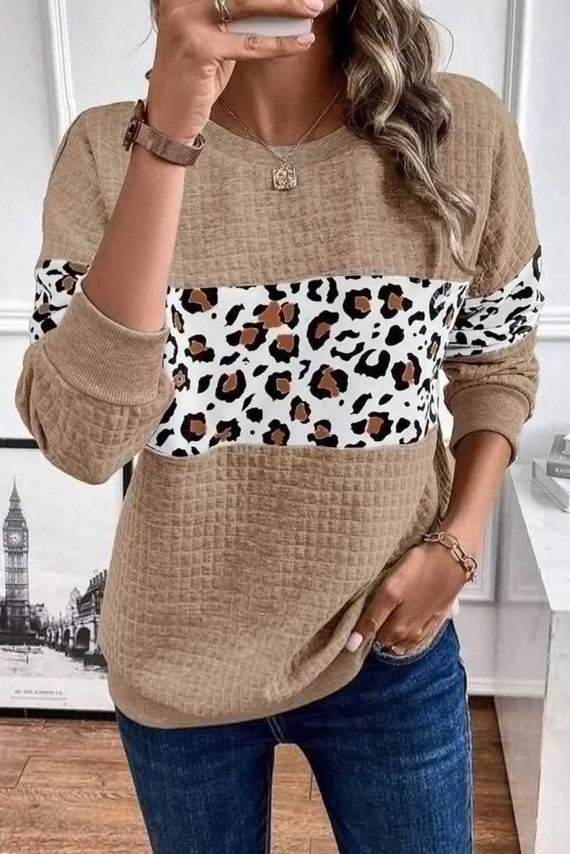 Parchment Leopard Quilted Patchwork Crew Neck Sweatshirt - Love Salve 