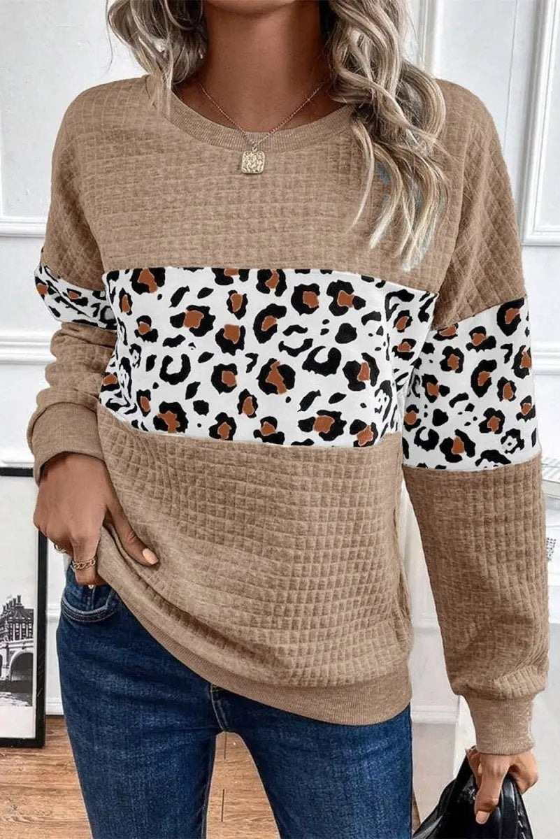 Parchment Leopard Quilted Patchwork Crew Neck Sweatshirt - Love Salve 