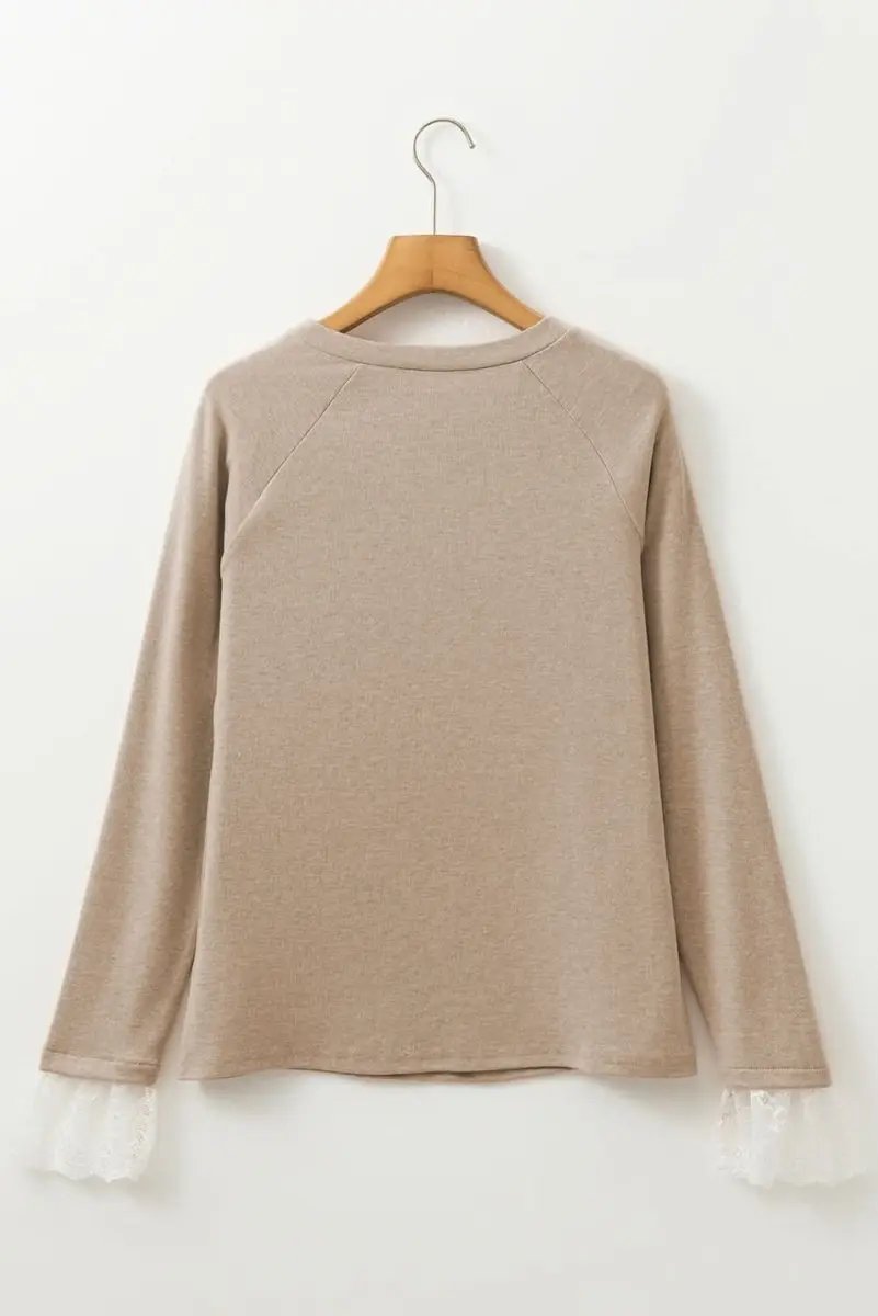 Parchment Seam Detail Lace Contrast Cuffs Raglan Sleeve Top - Love Salve 