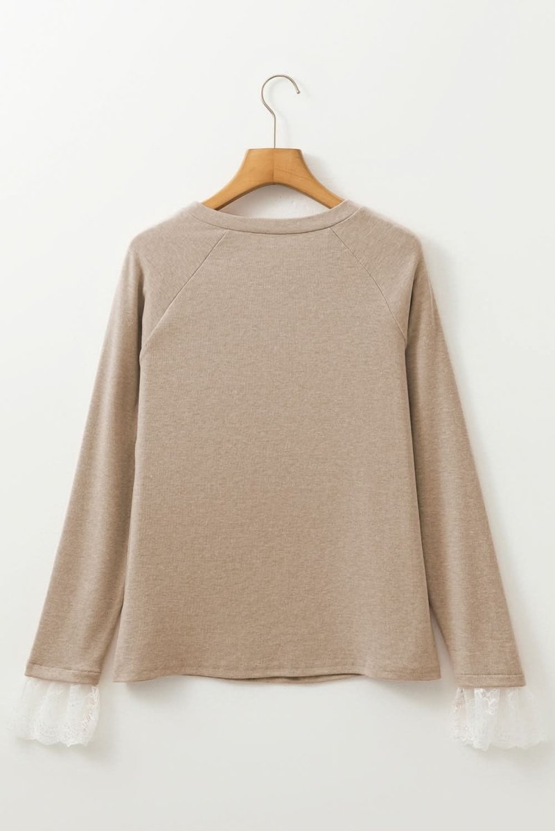 Parchment Seam Detail Lace Contrast Cuffs Raglan Sleeve Top - Love Salve
