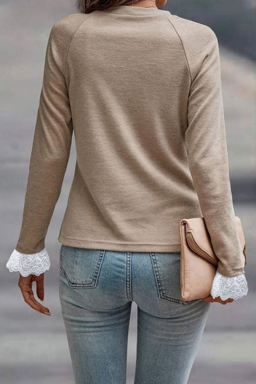Parchment Seam Detail Lace Contrast Cuffs Raglan Sleeve Top - Love Salve