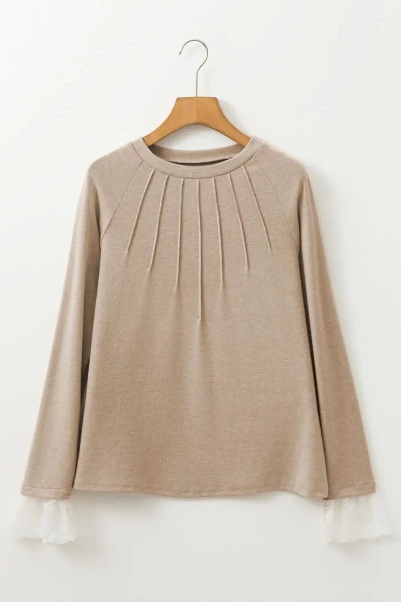 Parchment Seam Detail Lace Contrast Cuffs Raglan Sleeve Top - Love Salve 