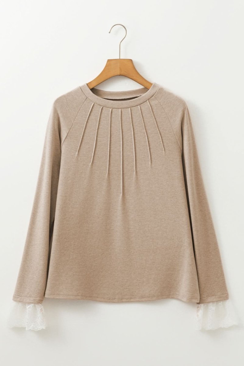 Parchment Seam Detail Lace Contrast Cuffs Raglan Sleeve Top - Love Salve