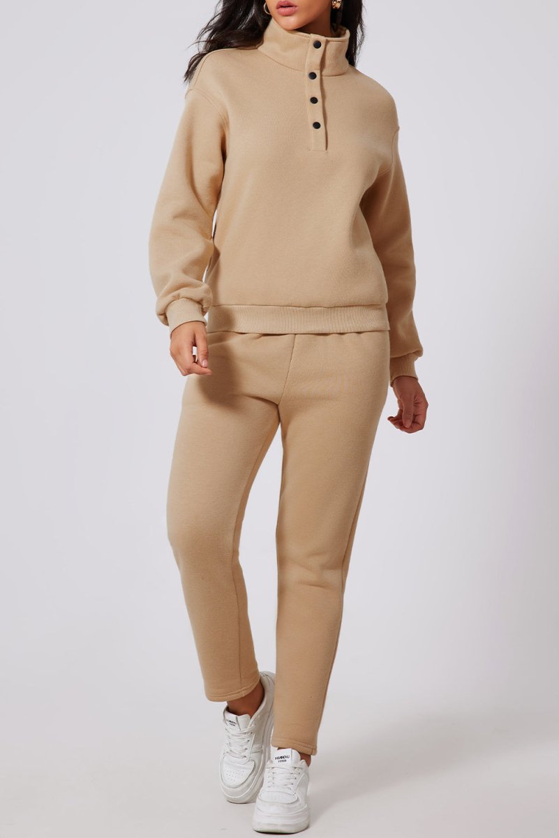 Parchment Solid Half Button Sweatshirt and High Waist Sweatpants Set - Love Salve 
