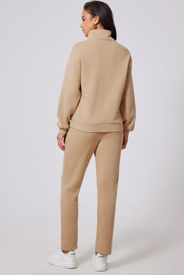 Parchment Solid Half Button Sweatshirt and High Waist Sweatpants Set - Love Salve 