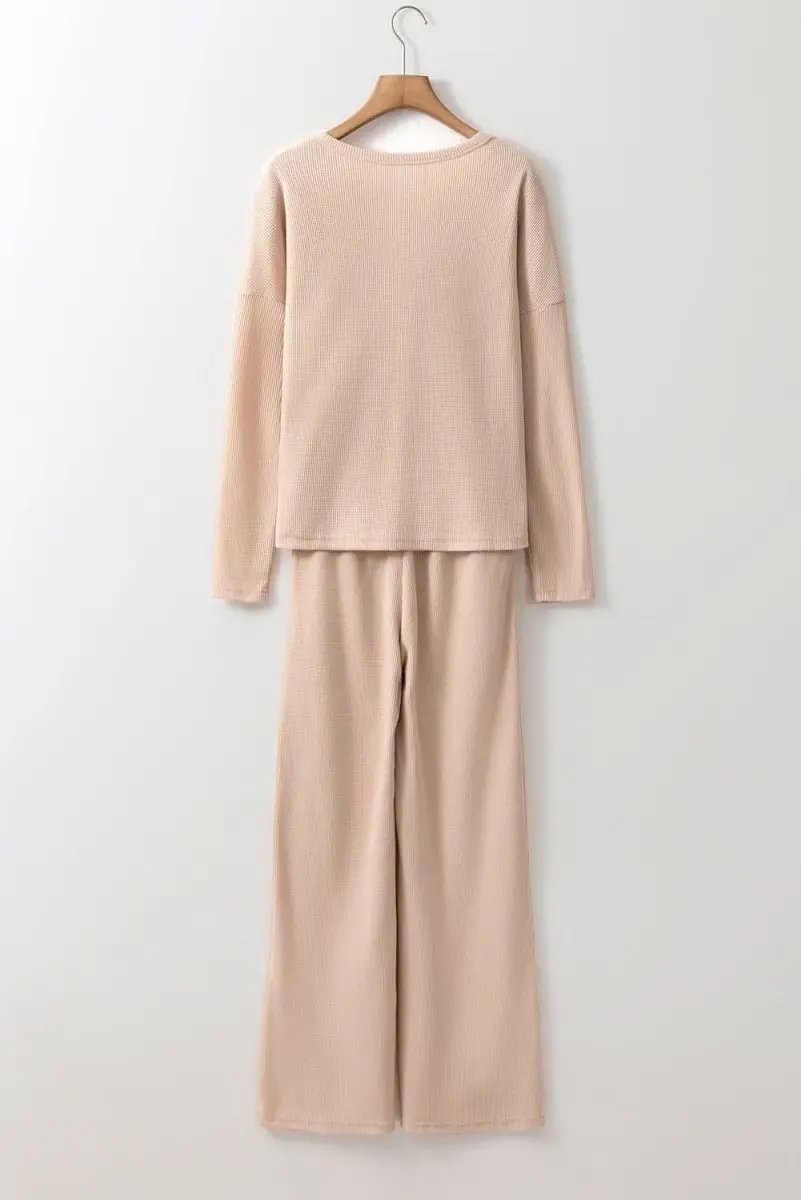 Parchment Textured Long Sleeve T Shirt and Pants Lounge Set - Love Salve 