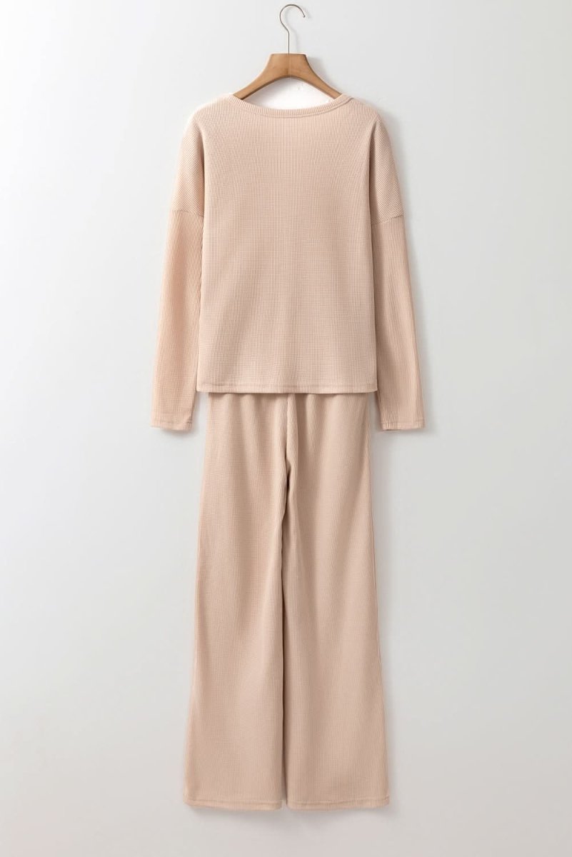 Parchment Textured Long Sleeve T Shirt and Pants Lounge Set - Love Salve