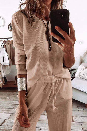 Parchment Textured Long Sleeve T Shirt and Pants Lounge Set - Love Salve