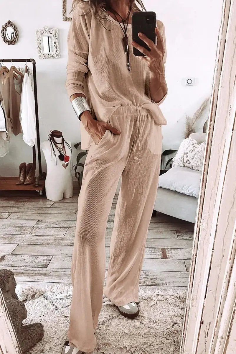 Parchment Textured Long Sleeve T Shirt and Pants Lounge Set - Love Salve 