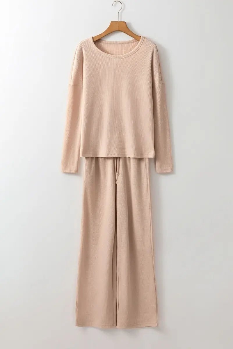 Parchment Textured Long Sleeve T Shirt and Pants Lounge Set - Love Salve 