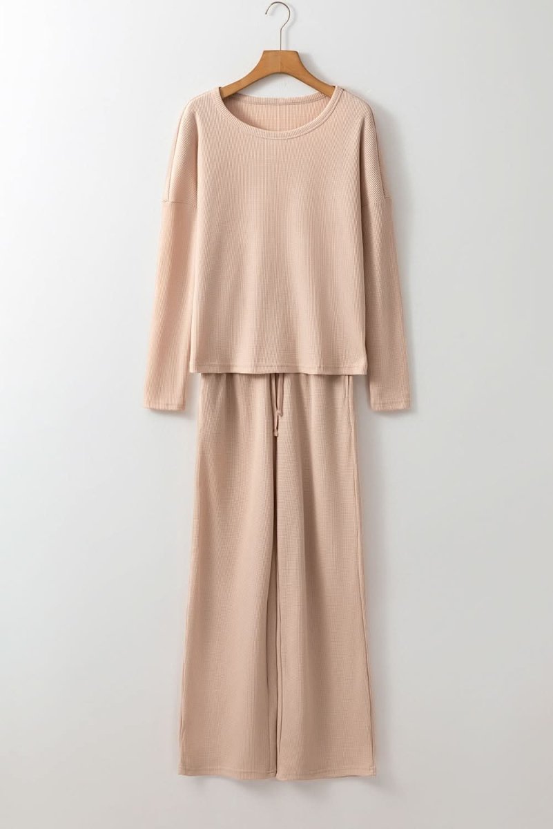 Parchment Textured Long Sleeve T Shirt and Pants Lounge Set - Love Salve