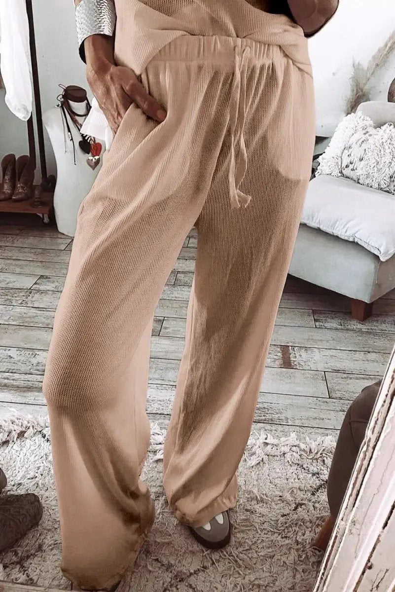 Parchment Textured Long Sleeve T Shirt and Pants Lounge Set - Love Salve 