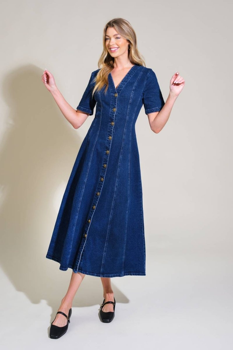 PATCHWORK PARADISE DENIM MIDI DRESS - Love Salve 