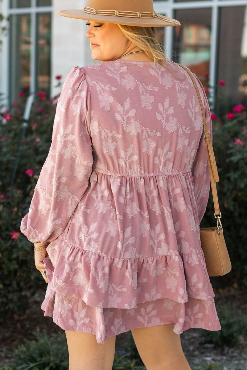 Peach Blossom Floral Surplice V Neck Tiered Ruffled Plus Size Dress - Love Salve 