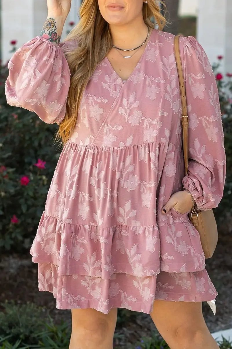 Peach Blossom Floral Surplice V Neck Tiered Ruffled Plus Size Dress - Love Salve 