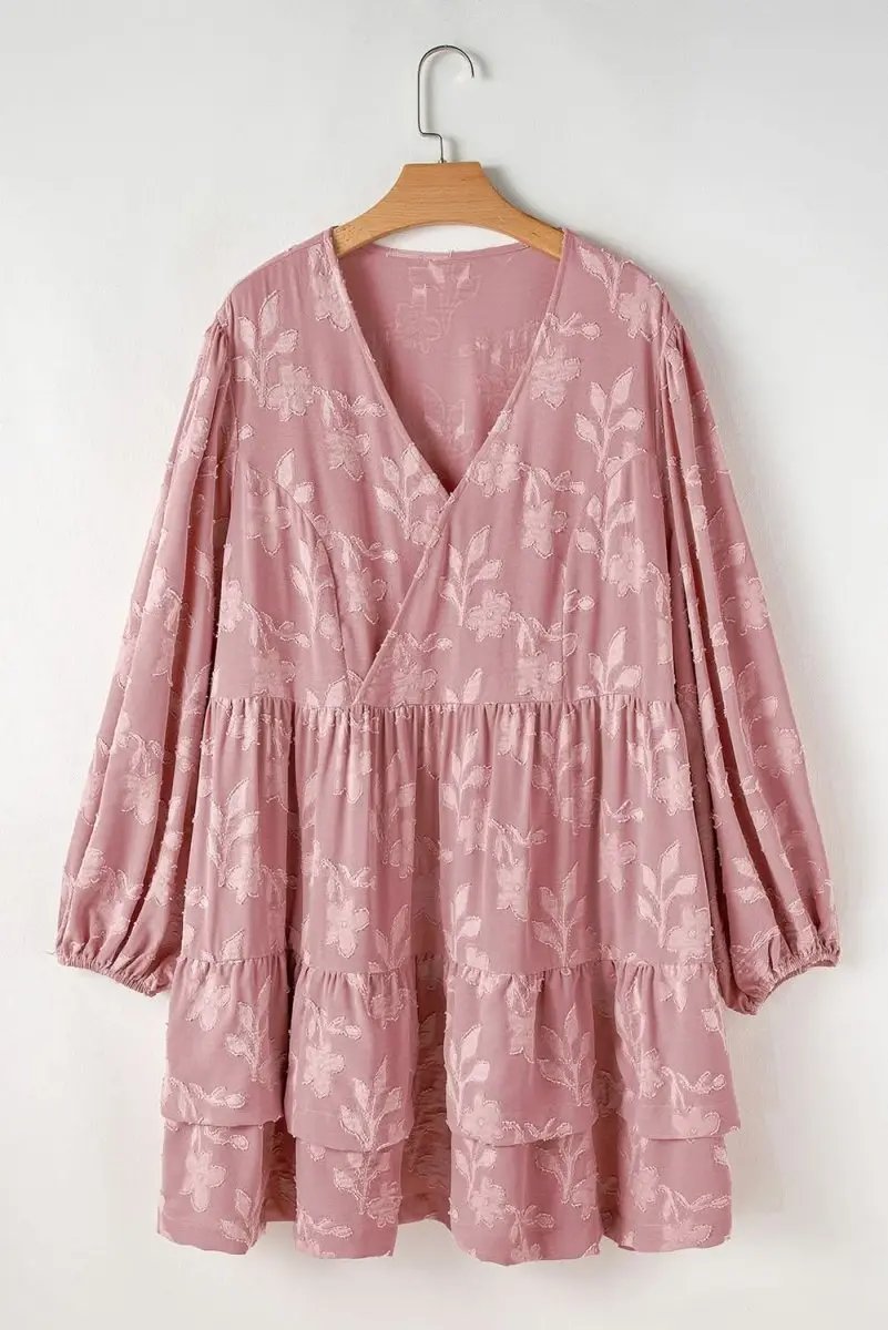 Peach Blossom Floral Surplice V Neck Tiered Ruffled Plus Size Dress - Love Salve 