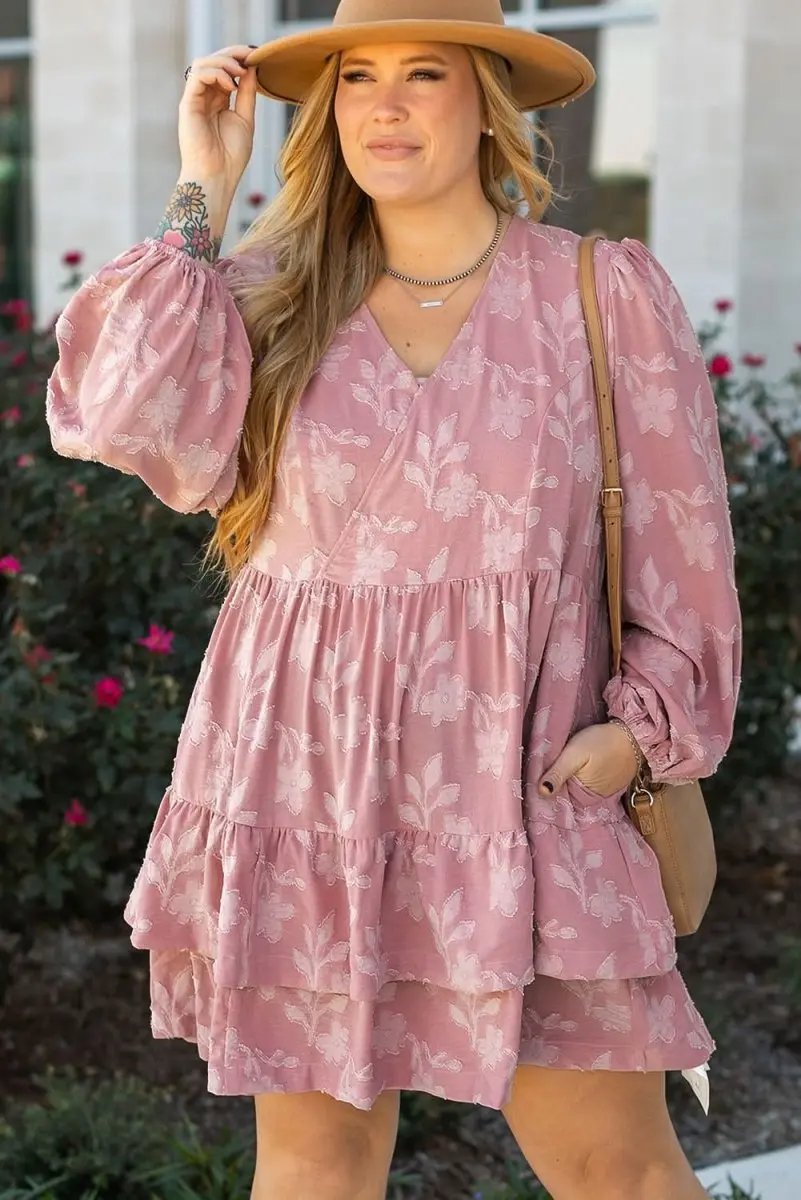 Peach Blossom Floral Surplice V Neck Tiered Ruffled Plus Size Dress - Love Salve 