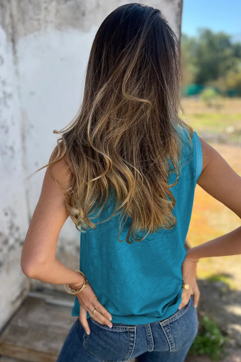 Peacock Blue Metallic Sheen Edge Scoop Neck Tank Top - Love Salve 