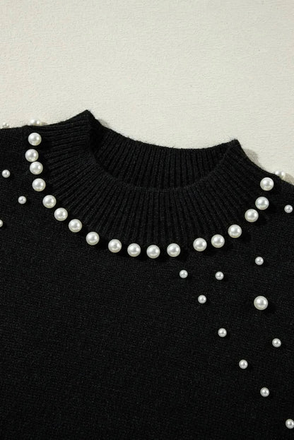 Pearl Detail Mock Neck Long Sleeve Sweater - Love Salve 