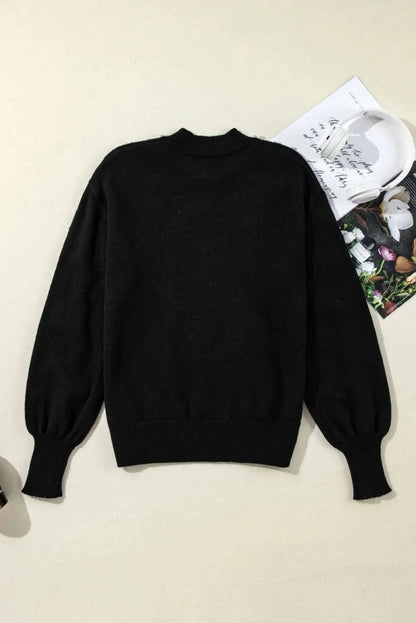 Pearl Detail Mock Neck Long Sleeve Sweater - Love Salve 