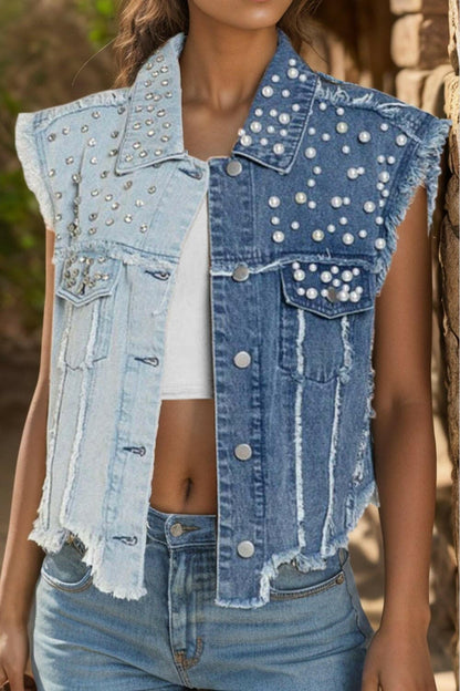 Pearl raw edge sleeveless denim vest for women with trendy raw hem design.