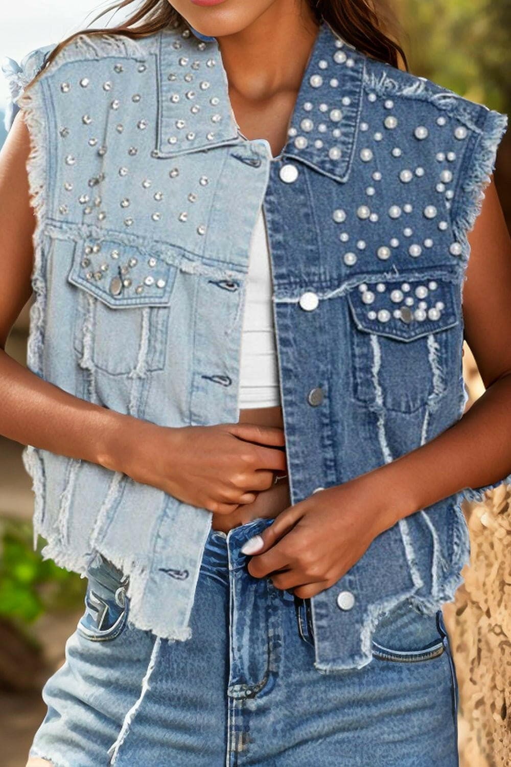 Pearl Raw Hem Sleeveless Denim Jacket - Love Salve