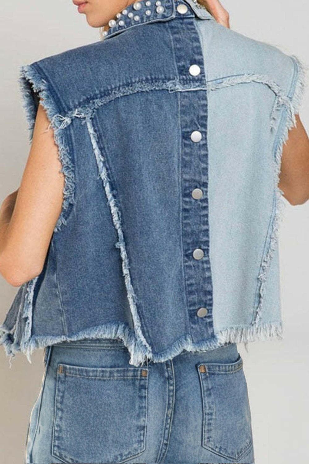 Pearl Raw Hem Sleeveless Denim Jacket - Love Salve