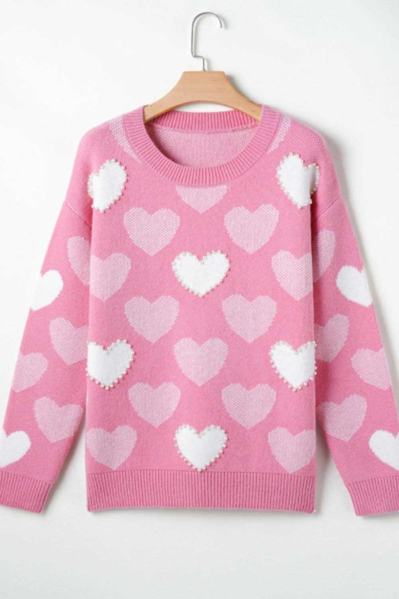 Pearl Trim Heart Round Neck Long Sleeve Sweater - Love Salve 