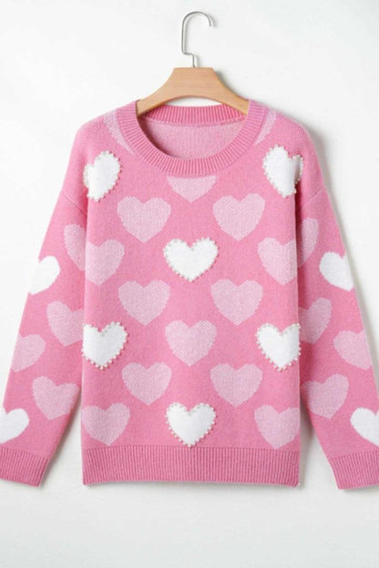 Pearl Trim Heart Round Neck Long Sleeve Sweater - Love Salve 