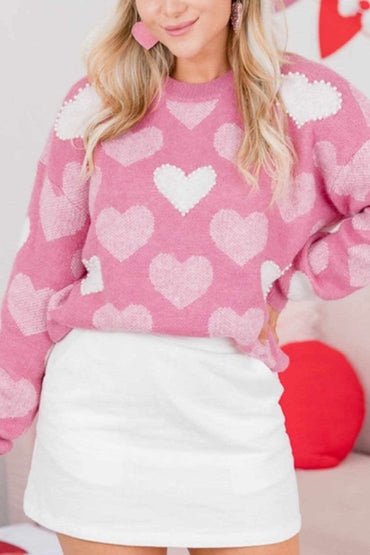 Pearl Trim Heart Round Neck Long Sleeve Sweater - Love Salve 