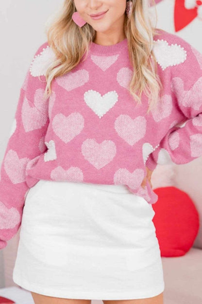 Pearl Trim Heart Round Neck Long Sleeve Sweater - Love Salve 