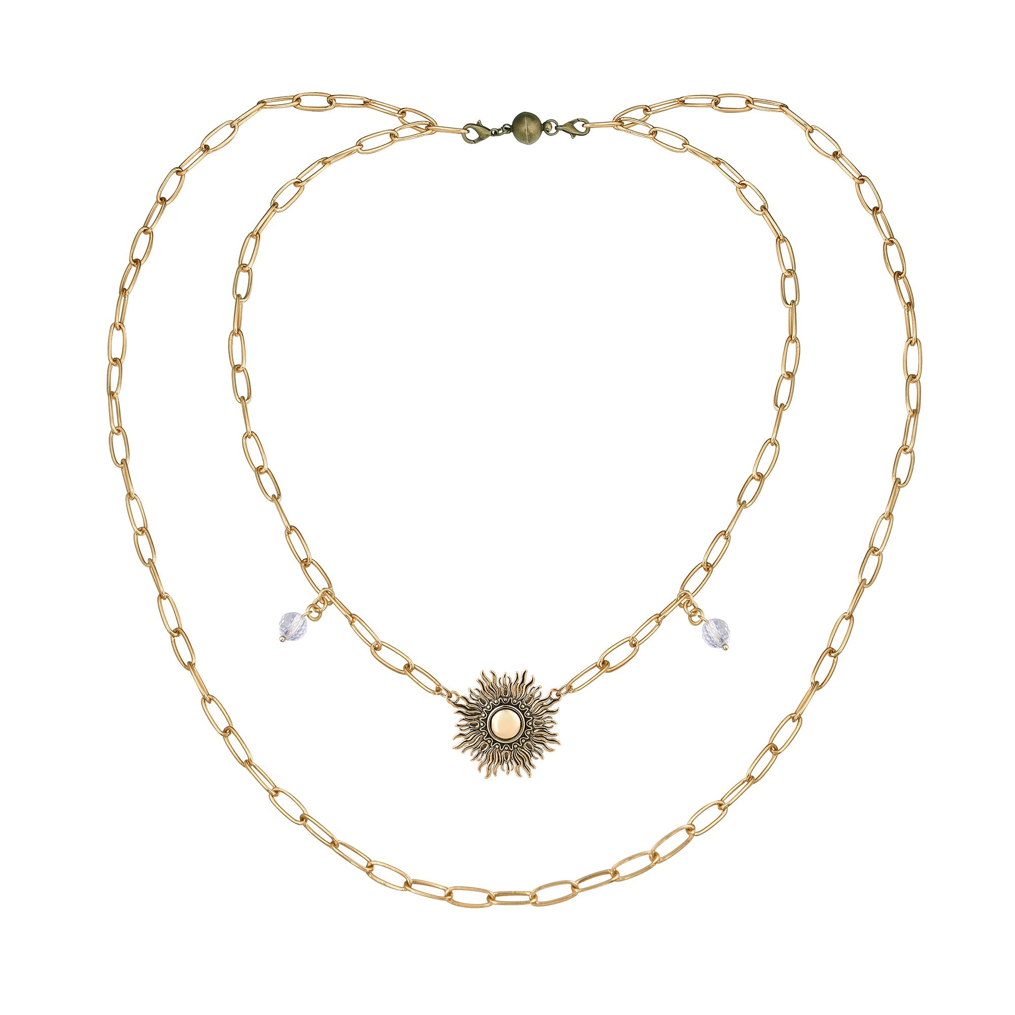 Katia Designs Perfectly Imperfect Starburst Long Chain Necklace elegantly worn, showcasing its flattering drape and length.