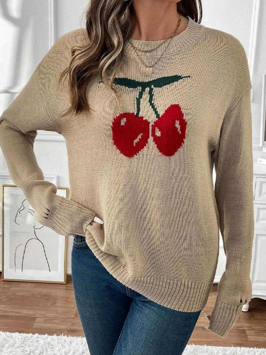 Perfee Cherry Round Neck Long Sleeve Sweater - Love Salve 