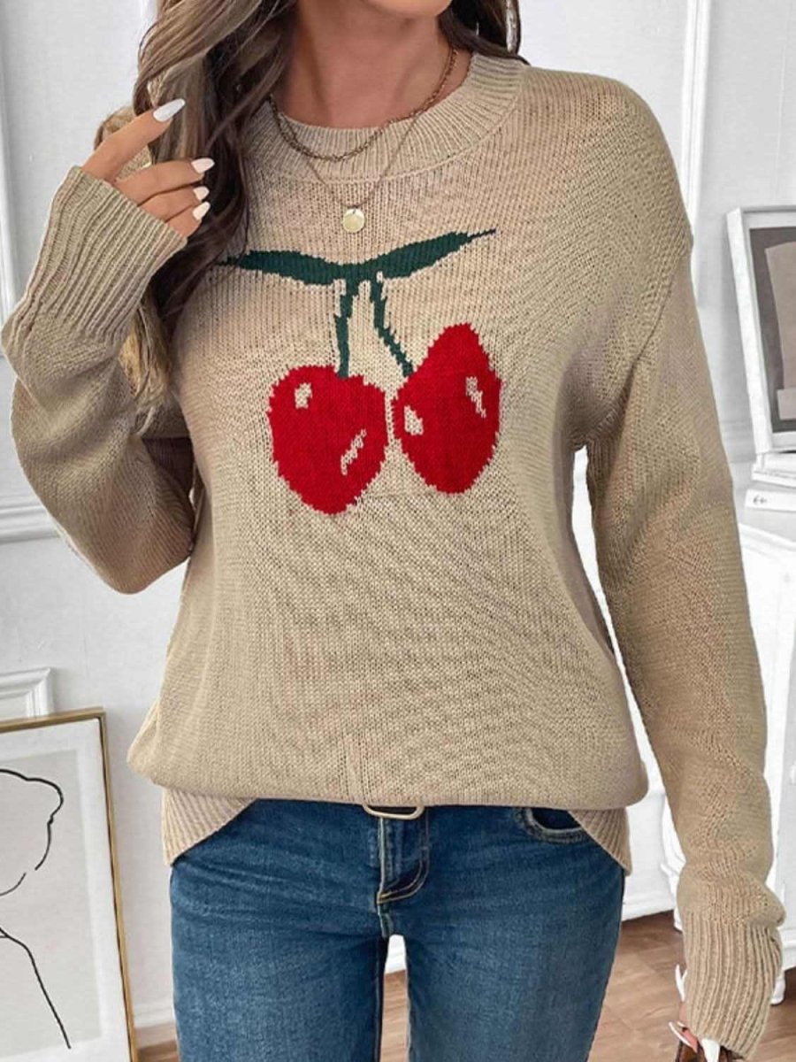 Perfee Cherry Round Neck Long Sleeve Sweater - Love Salve 