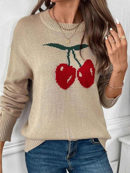 Perfee Cherry Round Neck Long Sleeve Sweater - Love Salve 