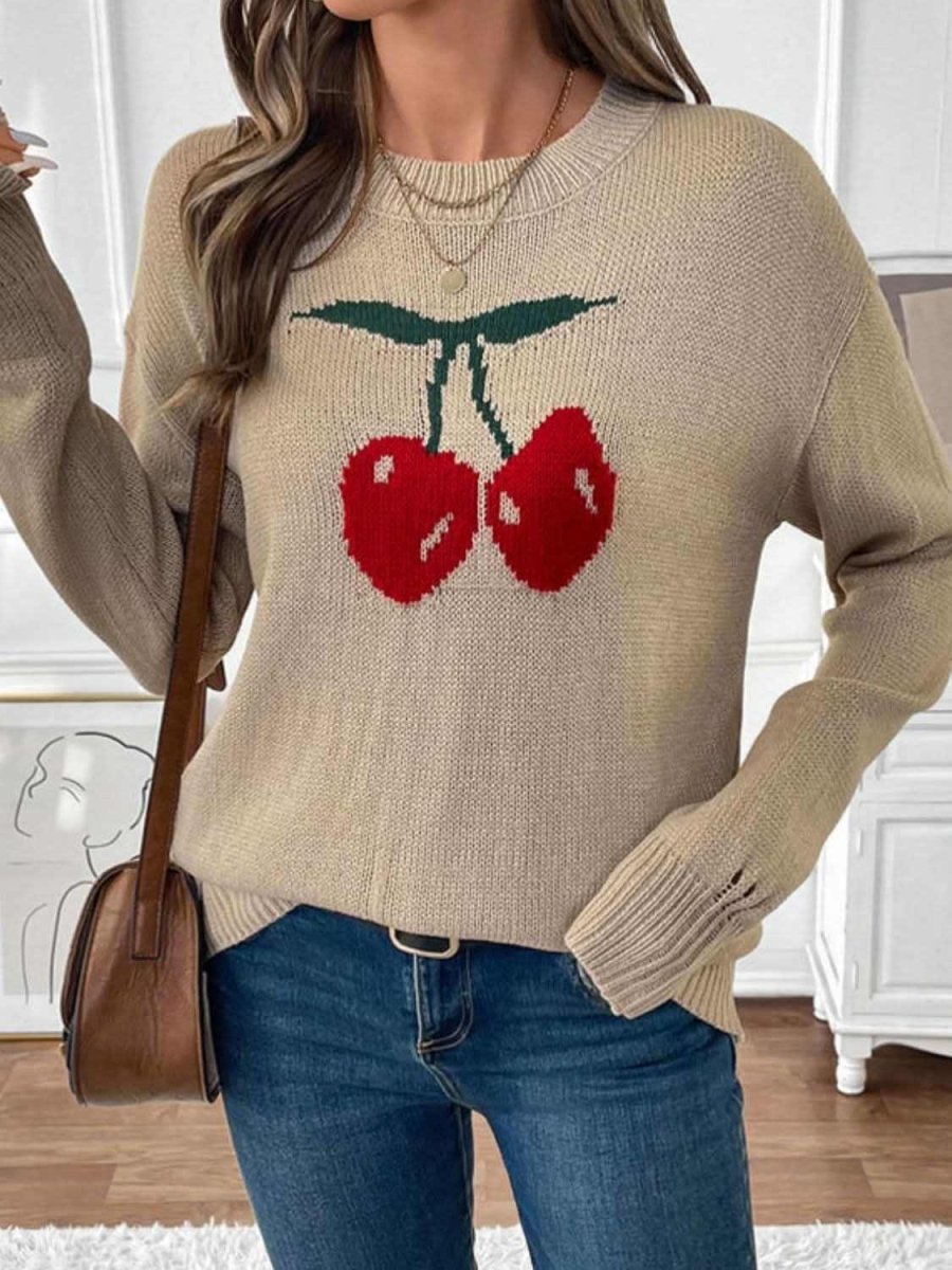 Perfee Cherry Round Neck Long Sleeve Sweater - Love Salve 