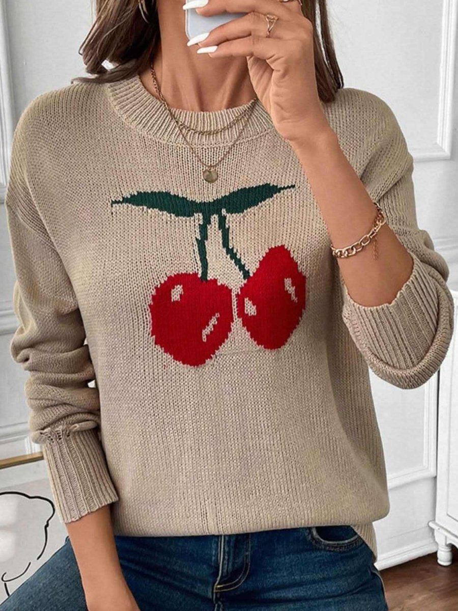 Perfee Cherry Round Neck Long Sleeve Sweater - Love Salve 