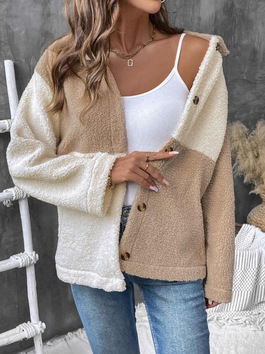 Perfee Color Block Collared Neck Long Sleeve Jacket - Love Salve 