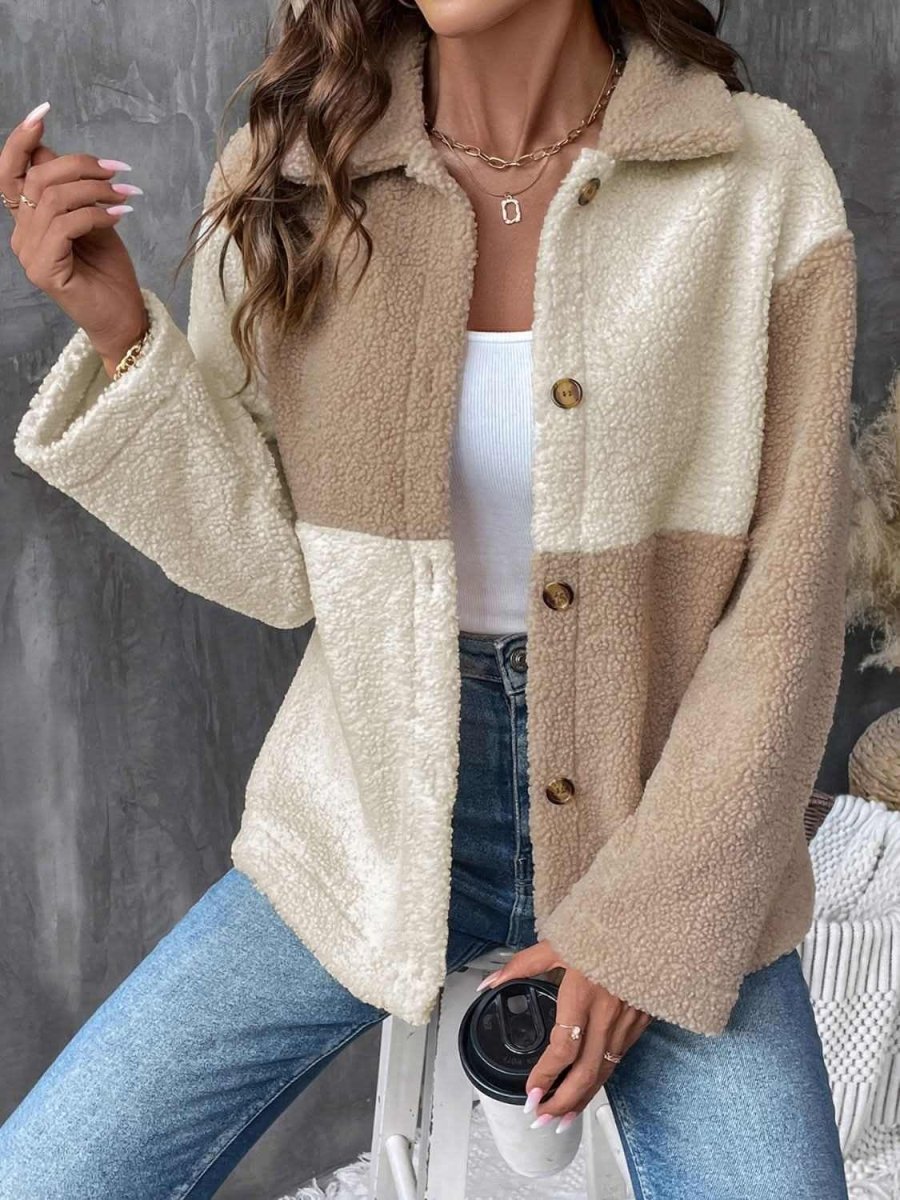 Perfee Color Block Collared Neck Long Sleeve Jacket - Love Salve 