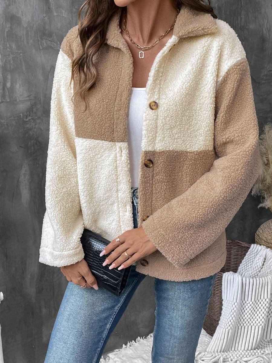 Perfee Color Block Collared Neck Long Sleeve Jacket - Love Salve 