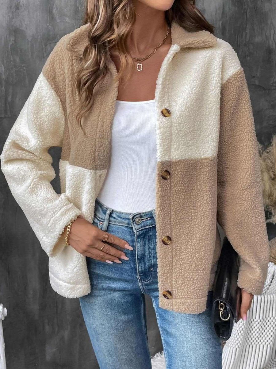 Perfee Color Block Collared Neck Long Sleeve Jacket - Love Salve 