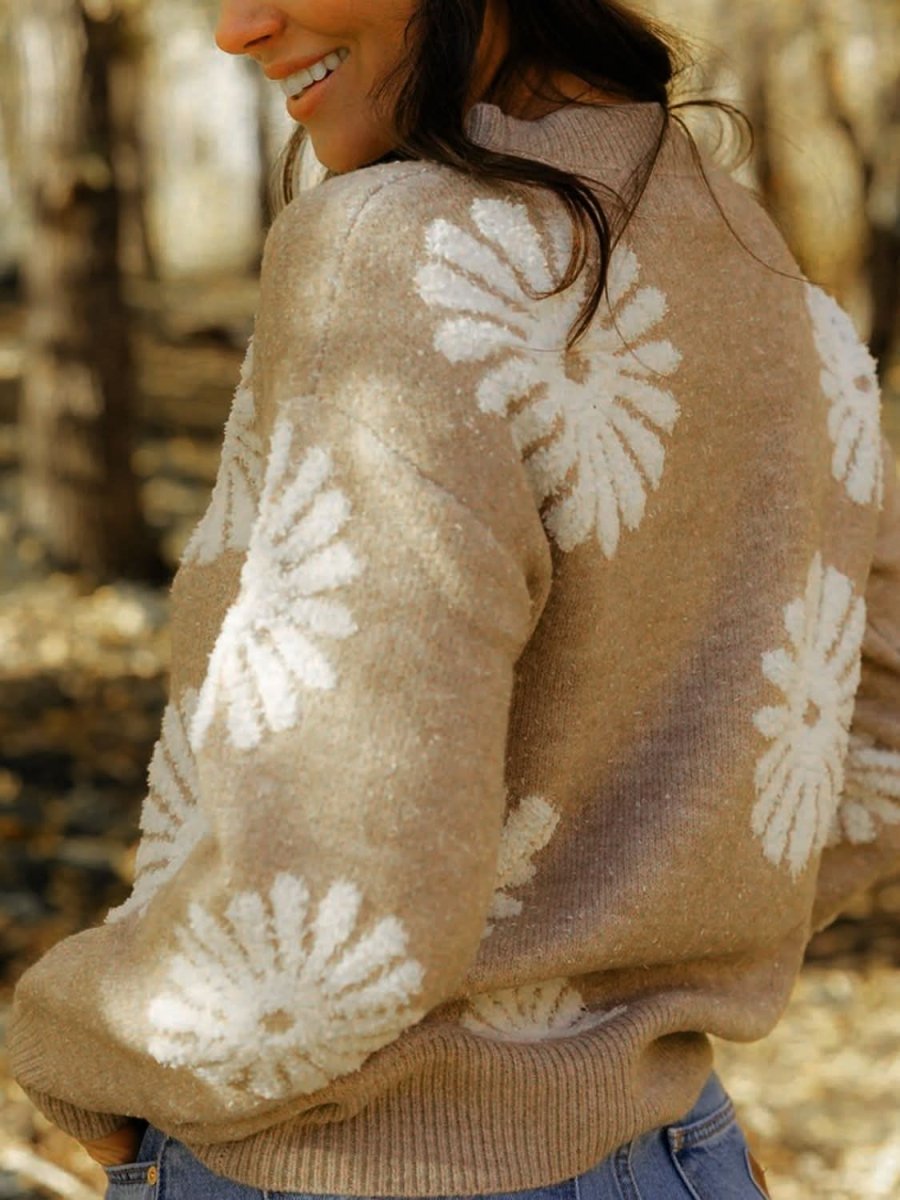 Perfee Flower Round Neck Long Sleeve Sweater - Love Salve