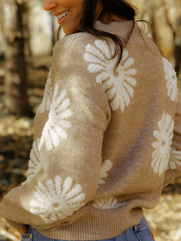 Perfee Flower Round Neck Long Sleeve Sweater - Love Salve