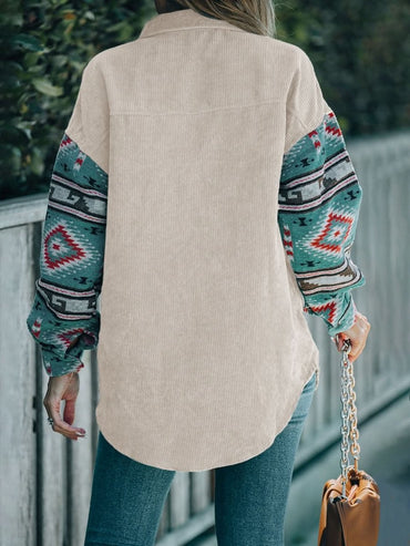 Perfee Pocketed Geometric Collared Neck Shacket - Love Salve 