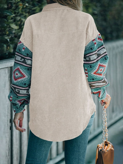 Perfee Pocketed Geometric Collared Neck Shacket - Love Salve 
