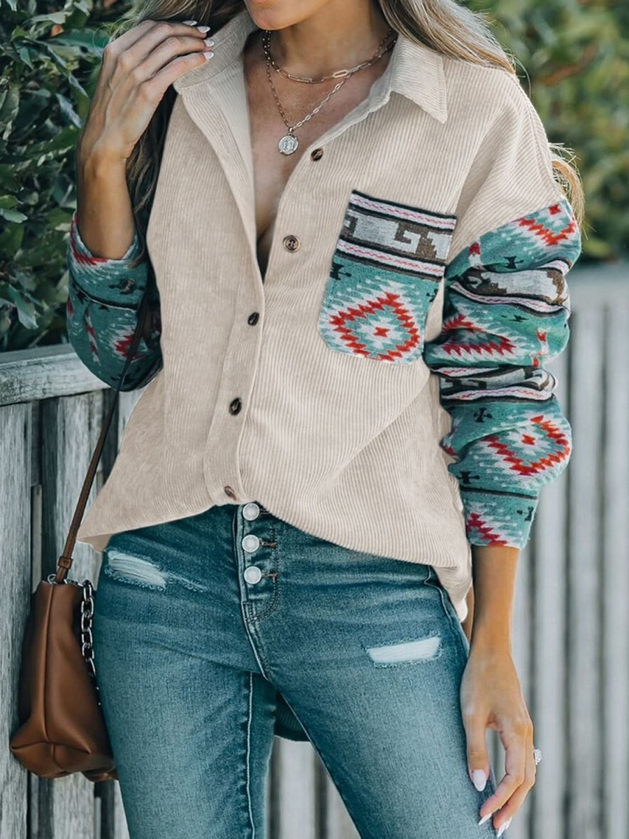 Perfee Pocketed Geometric Collared Neck Shacket - Love Salve 