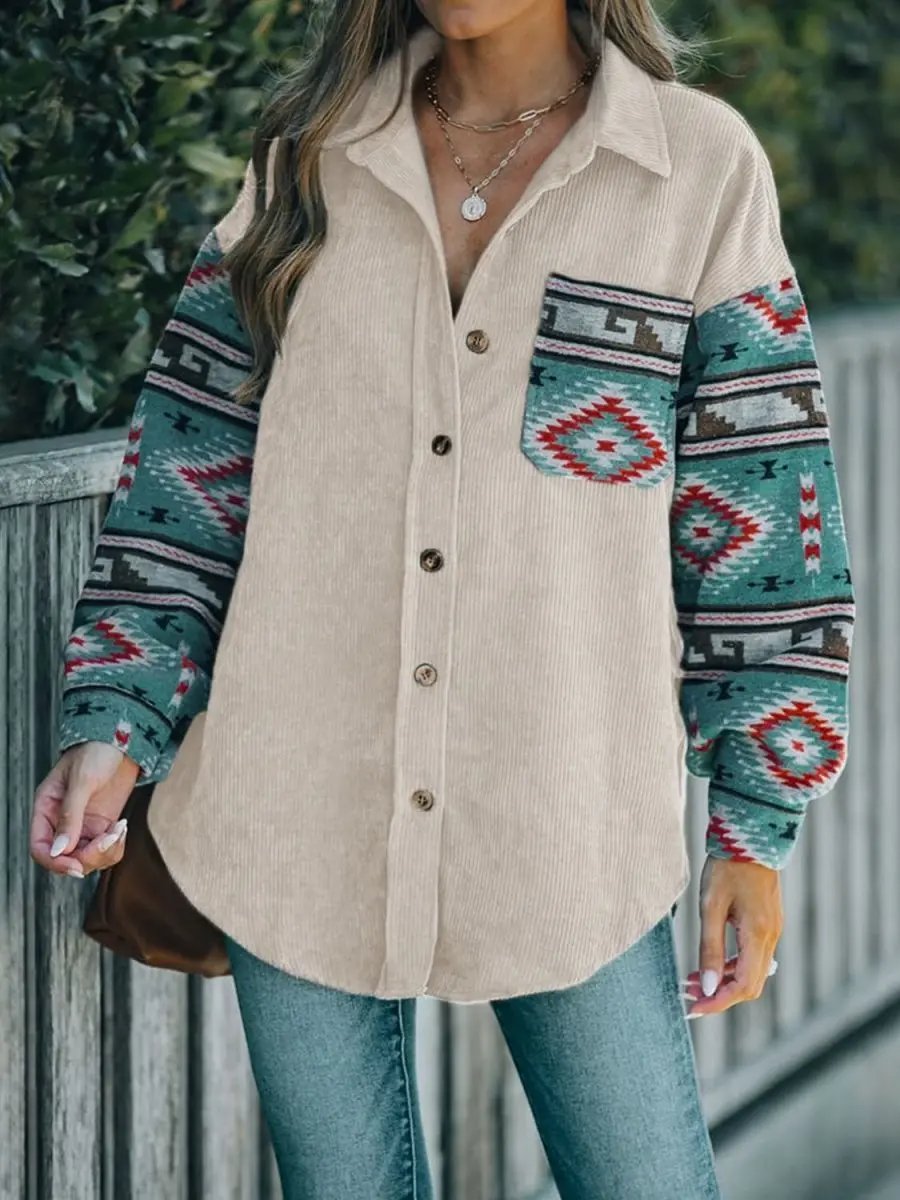 Perfee Pocketed Geometric Collared Neck Shacket - Love Salve 